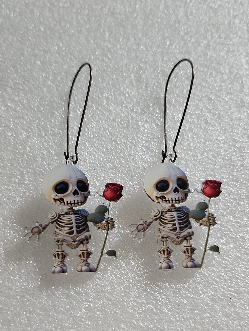 Hand Crafted Skeleton Holding Red Rose Dangle Earrings - Women Jewelry